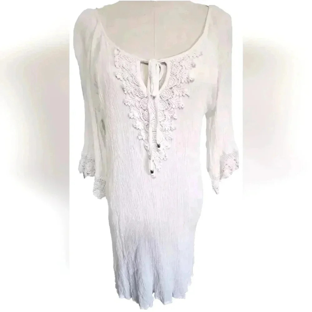 Anthropology NAIF Boho Shift Dress Lace Trim, 3/4 Sleeve Sz L White